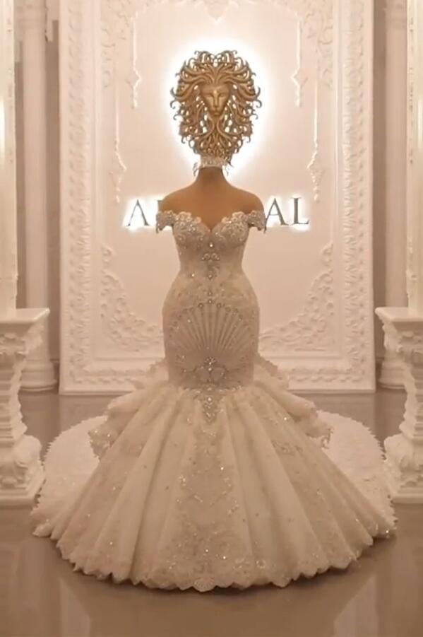 Gorgeous Off-The-Shoulder Mermaid Wedding Dress with Crystal-BallBride