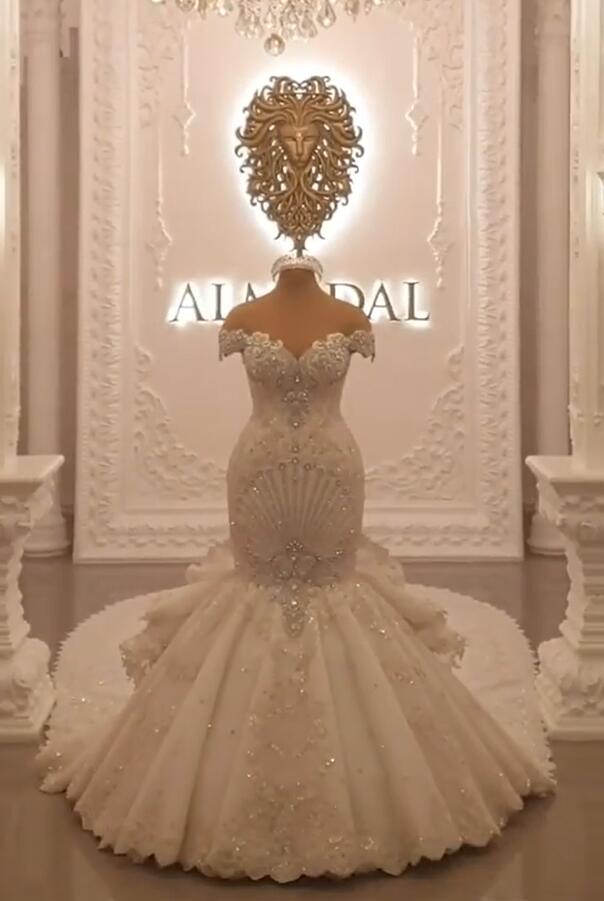 Gorgeous Off-The-Shoulder Mermaid Wedding Dress with Crystal-BallBride