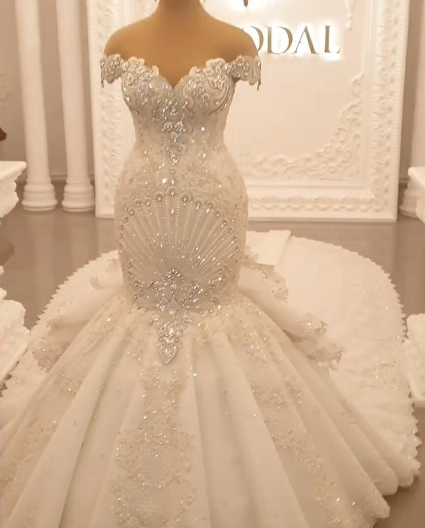 Gorgeous Off-The-Shoulder Mermaid Wedding Dress with Crystal-BallBride