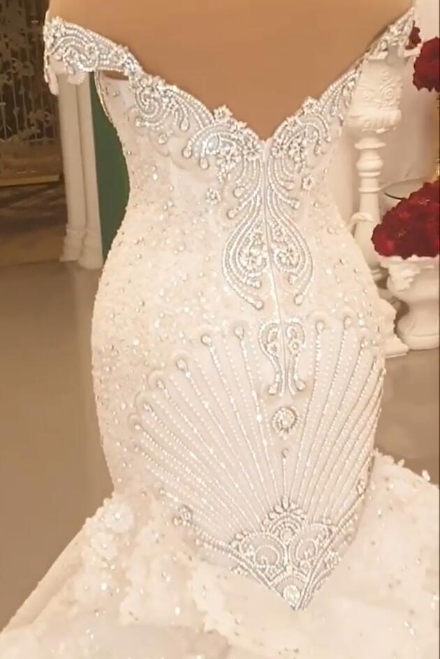 Gorgeous Off-The-Shoulder Mermaid Wedding Dress with Crystal-BallBride