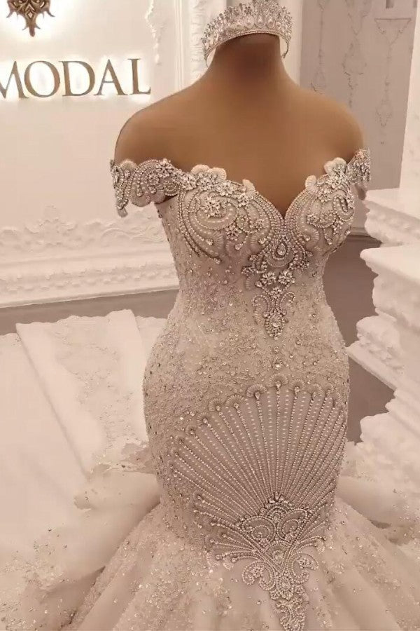 Gorgeous Off-The-Shoulder Mermaid Wedding Dress with Crystal-BallBride
