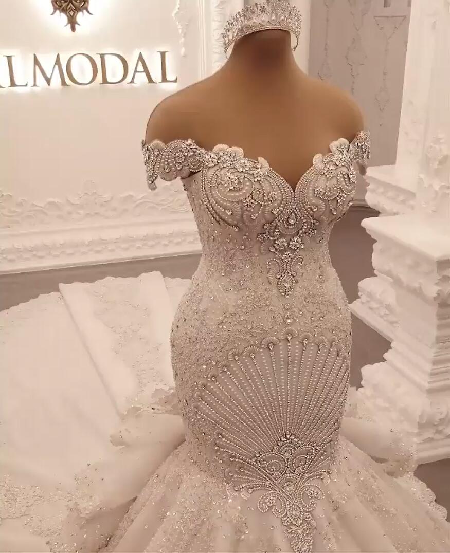 Gorgeous Off-The-Shoulder Mermaid Wedding Dress with Crystal-BallBride