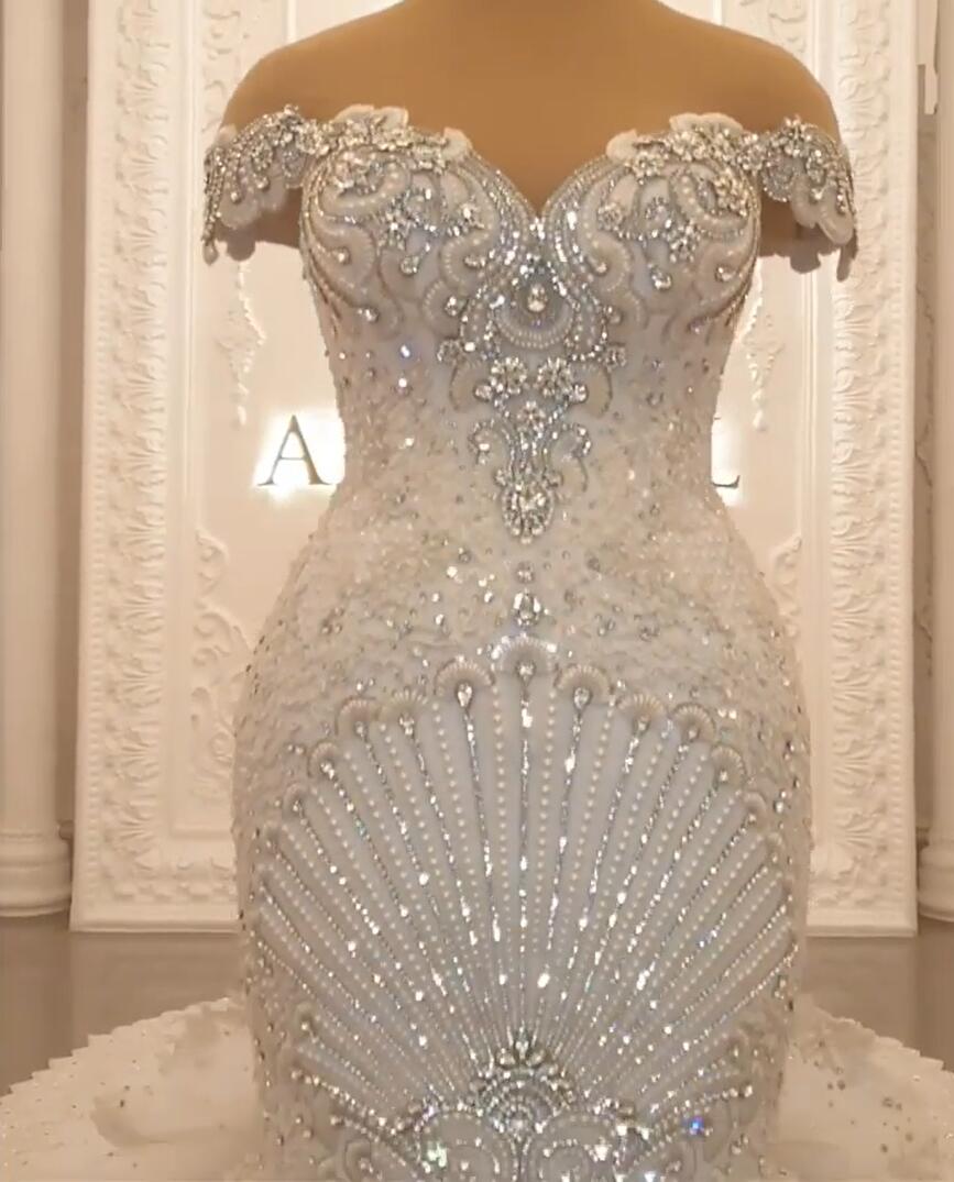 Gorgeous Off-The-Shoulder Mermaid Wedding Dress with Crystal-BallBride