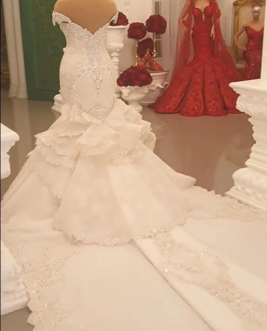 Gorgeous Off-The-Shoulder Mermaid Wedding Dress with Crystal-BallBride