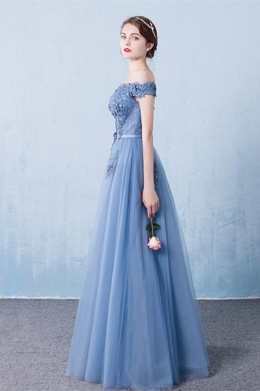 Gorgeous Off-the-Shoulder Prom Dress in Dusty Blue Tulle with Appliques-BallBride