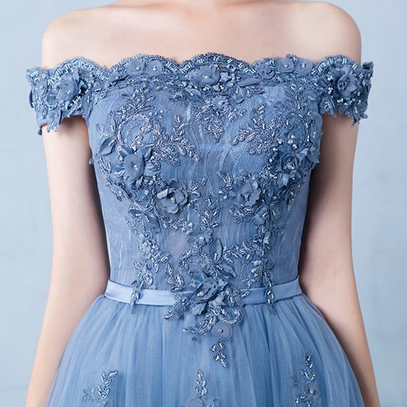 Gorgeous Off-the-Shoulder Prom Dress in Dusty Blue Tulle with Appliques-BallBride