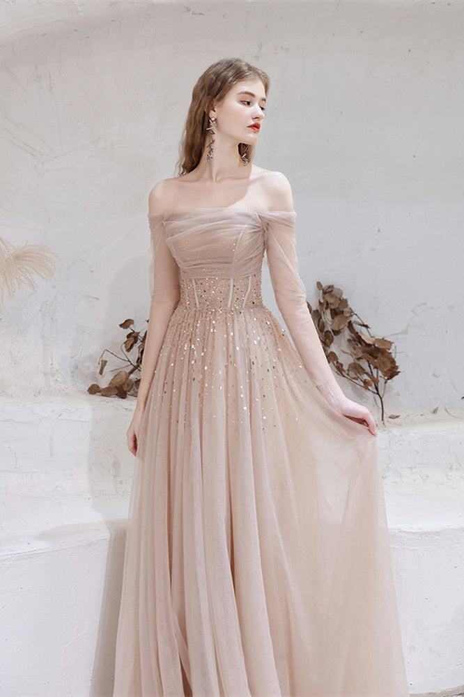 Gorgeous Off-the-Shoulder Prom Dress with Tulle Sheer Long Sleeves and Sequins-BallBride