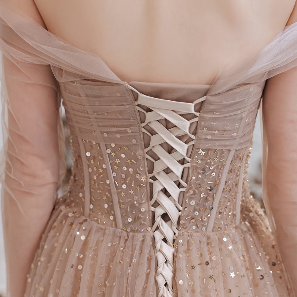 Gorgeous Off-the-Shoulder Prom Dress with Tulle Sheer Long Sleeves and Sequins-BallBride