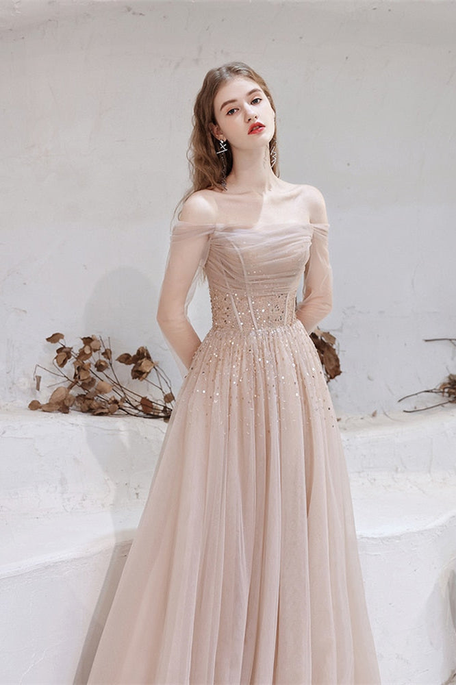 Gorgeous Off-the-Shoulder Prom Dress with Tulle Sheer Long Sleeves and Sequins-BallBride