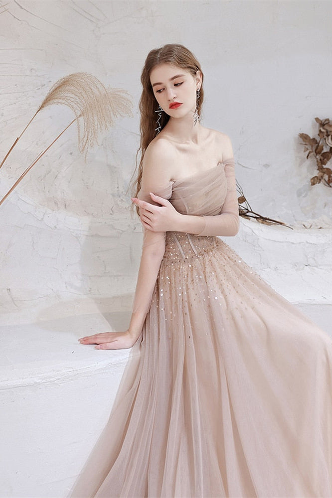 Gorgeous Off-the-Shoulder Prom Dress with Tulle Sheer Long Sleeves and Sequins-BallBride