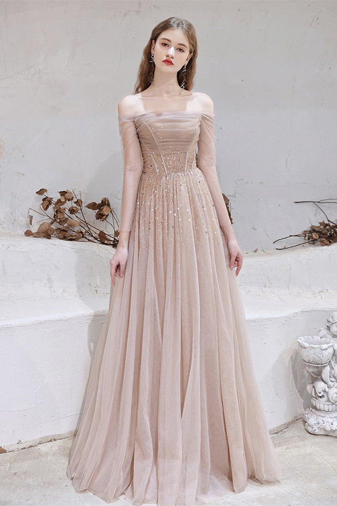 Gorgeous Off-the-Shoulder Prom Dress with Tulle Sheer Long Sleeves and Sequins-BallBride