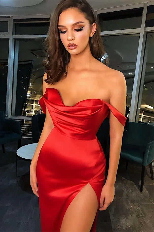 Gorgeous Off-the-Shoulder Red Mermaid Evening Dress Long Split-BallBride