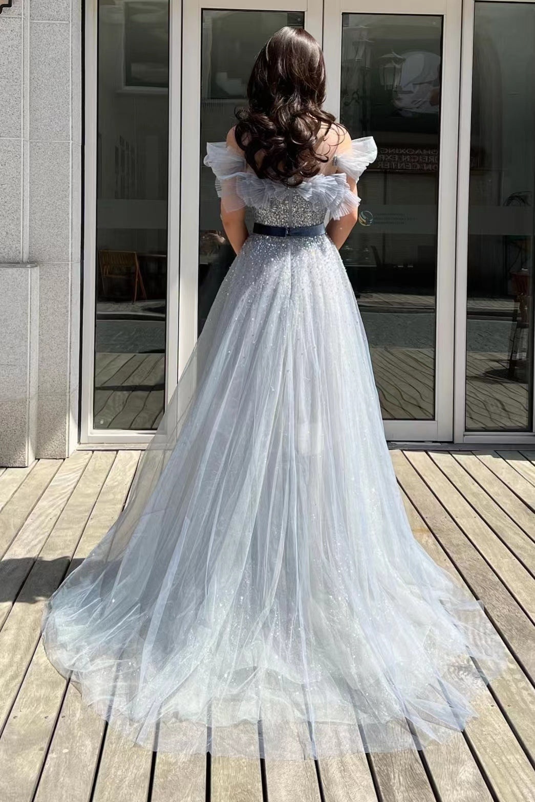 Gorgeous Off-The-Shoulder Sequins Tulle Prom Dress with Belt Beads-BallBride