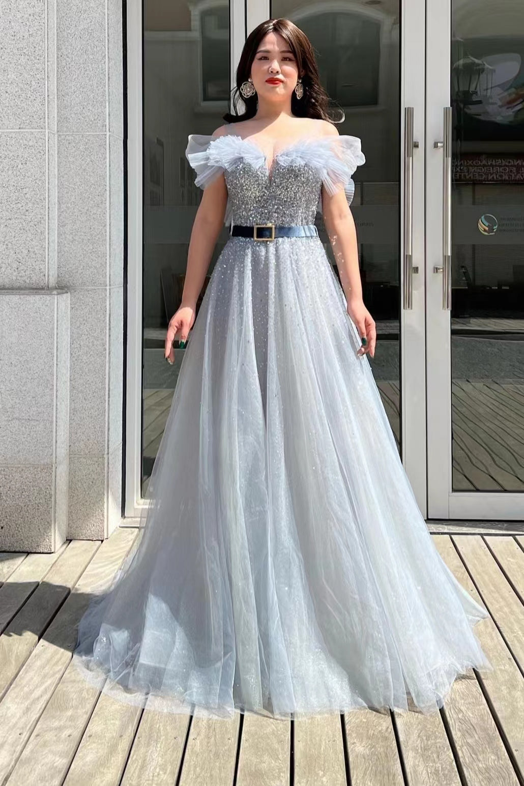 Gorgeous Off-The-Shoulder Sequins Tulle Prom Dress with Belt Beads-BallBride