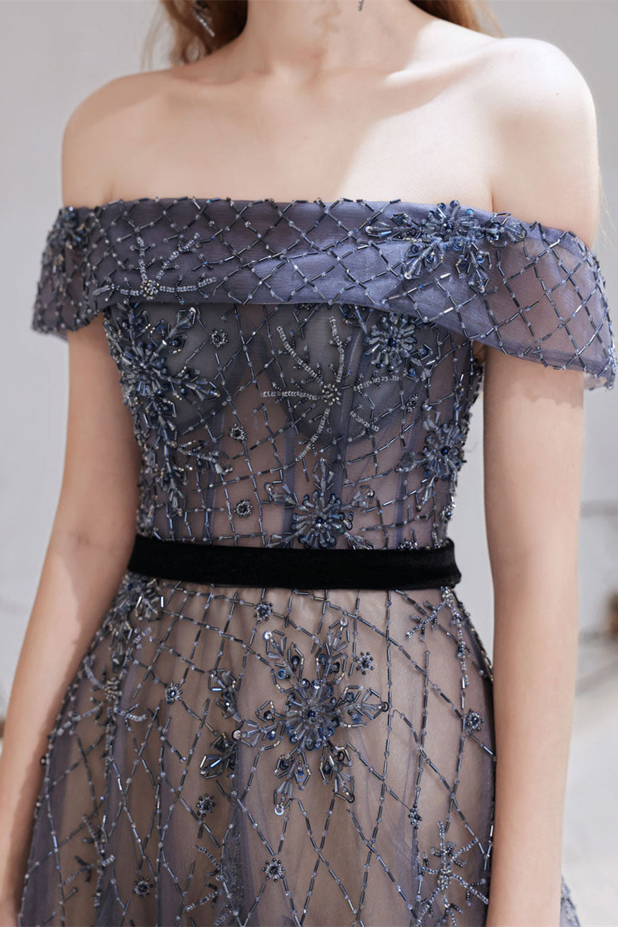 Gorgeous Off-the-Shoulder Tulle Prom Dress with Beadings-BallBride