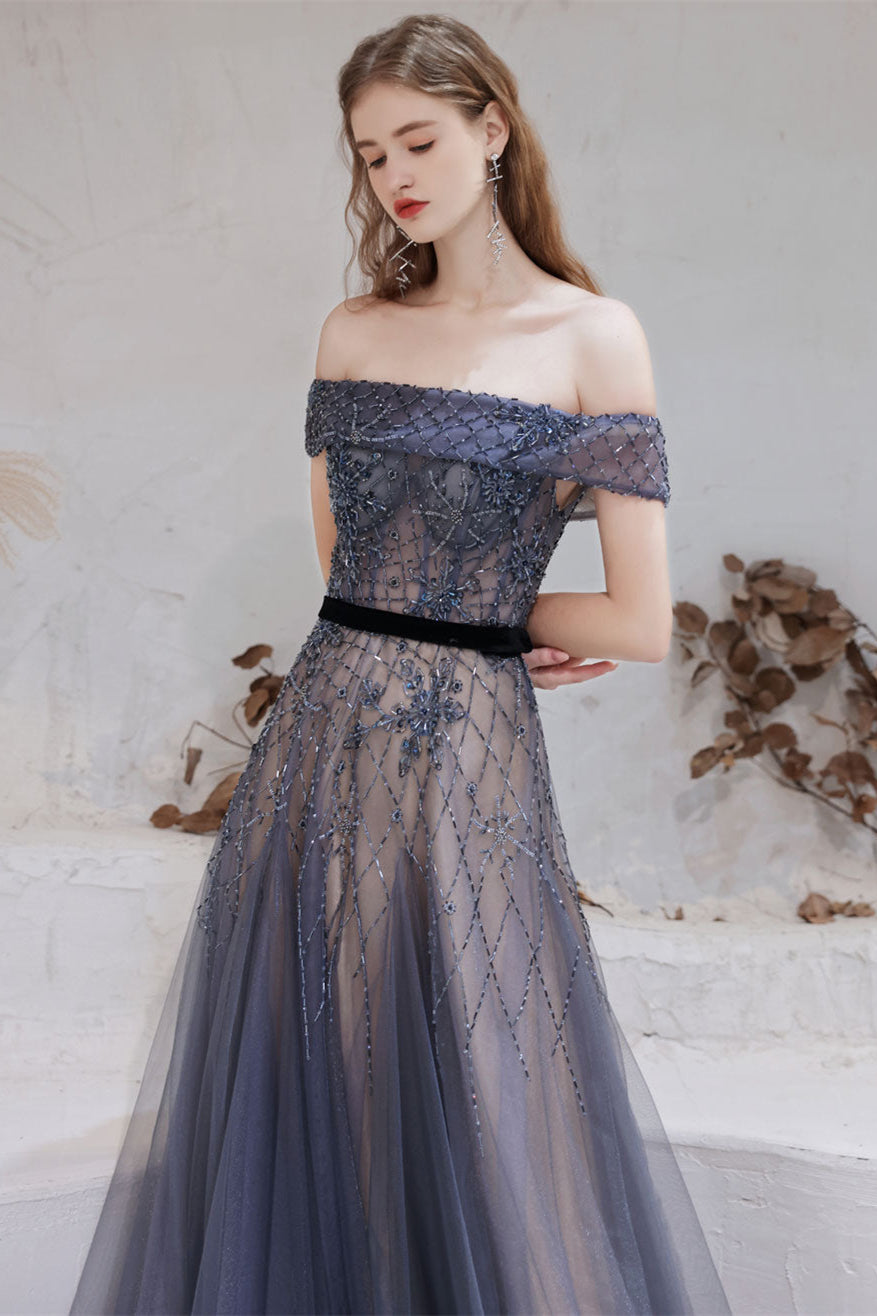 Gorgeous Off-the-Shoulder Tulle Prom Dress with Beadings-BallBride