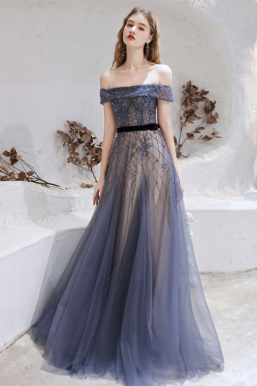 Gorgeous Off-the-Shoulder Tulle Prom Dress with Beadings-BallBride