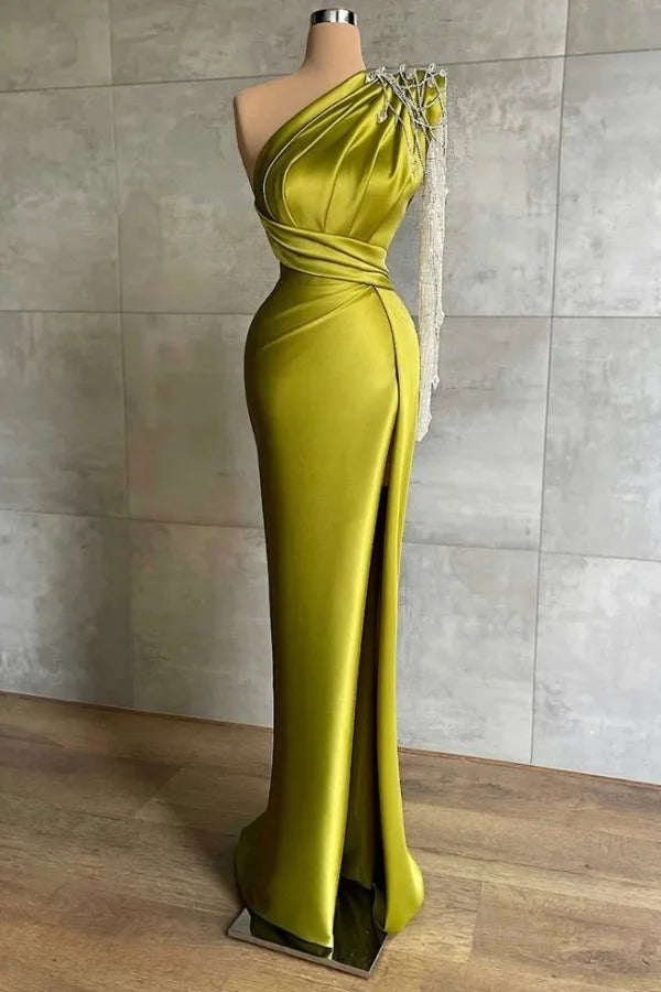 Gorgeous Olive Green One Shoulder Long Sleeves Evening Dresses Mermaid Long-BallBride
