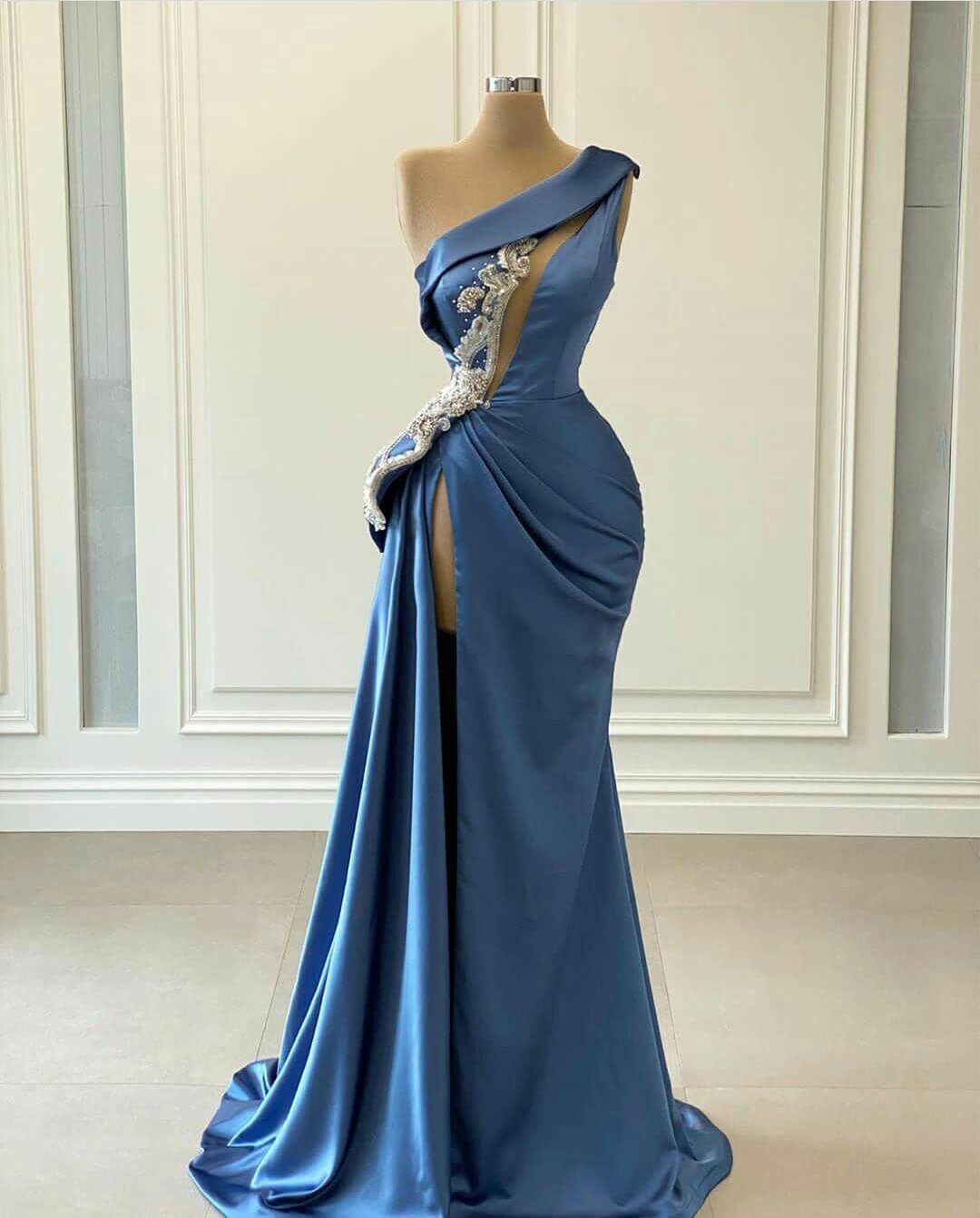 Gorgeous One Shoulder Blue Mermaid Prom Dress With Beaded Detail-BallBride