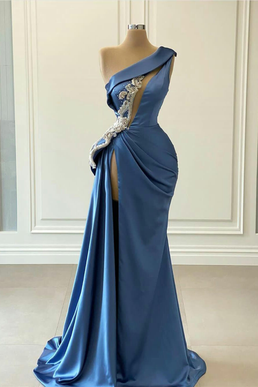 Gorgeous One Shoulder Blue Mermaid Prom Dress With Beaded Detail-BallBride
