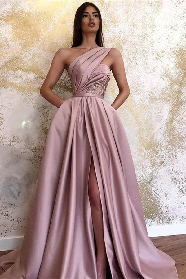Gorgeous One Shoulder Evening Dress Split With Poacket-BallBride