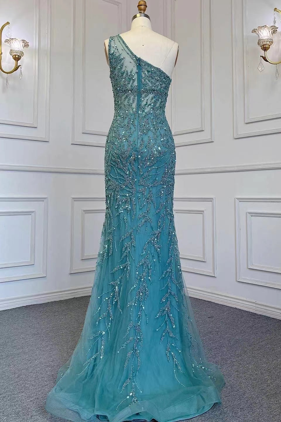 Gorgeous One Shoulder Evening Dress with Beadings, Slit & Rhinstone-BallBride