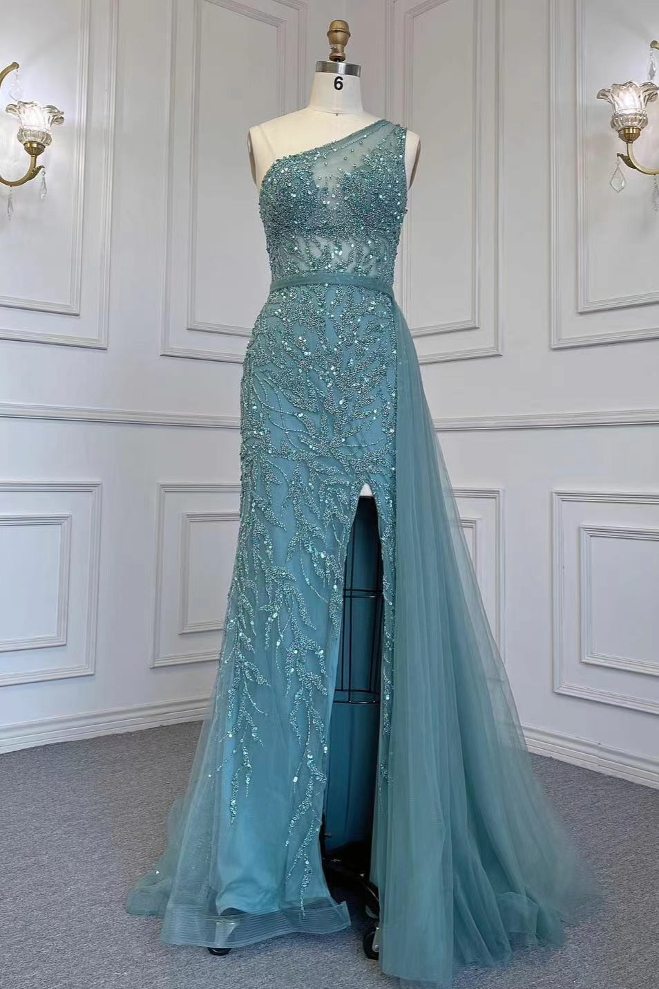 Gorgeous One Shoulder Evening Dress with Beadings, Slit & Rhinstone-BallBride