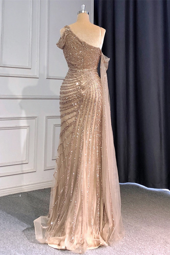 Gorgeous One Shoulder Mermaid Prom Dress with Sequins Beadings and Ruffle Split-BallBride