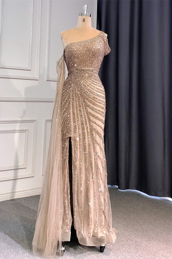 Gorgeous One Shoulder Mermaid Prom Dress with Sequins Beadings and Ruffle Split-BallBride