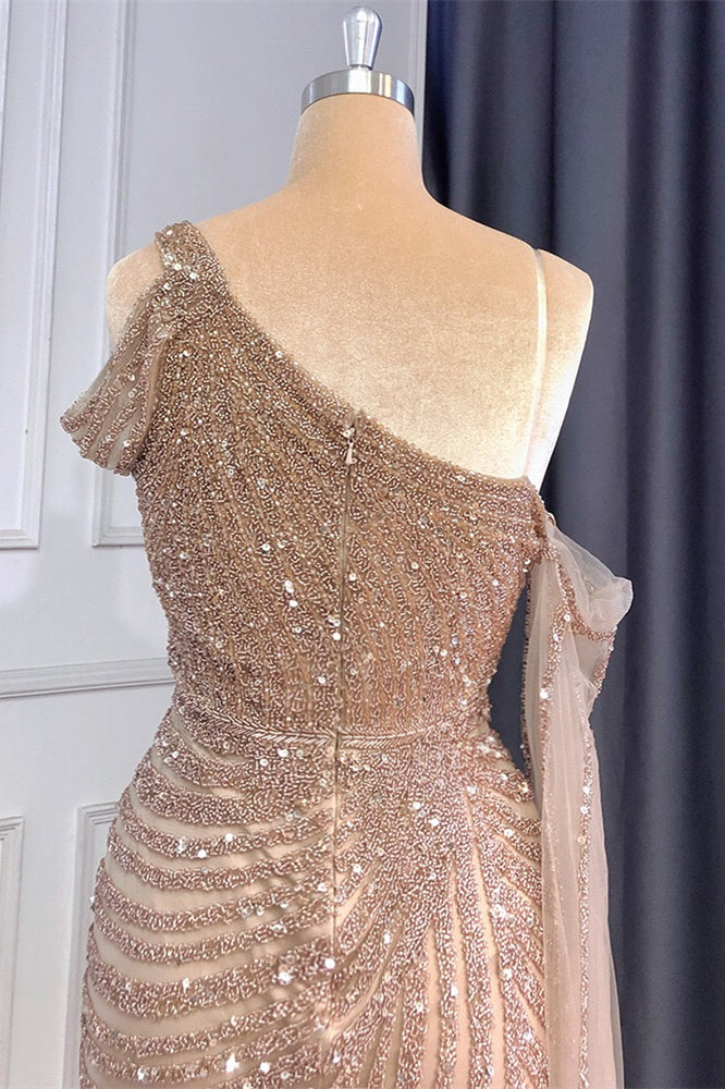 Gorgeous One Shoulder Mermaid Prom Dress with Sequins Beadings and Ruffle Split-BallBride