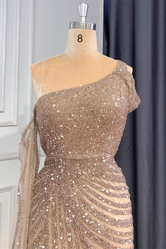 Gorgeous One Shoulder Mermaid Prom Dress with Sequins Beadings and Ruffle Split-BallBride