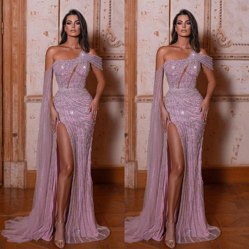 Gorgeous One Shoulder Prom Dress with Sequins and Long Split-BallBride