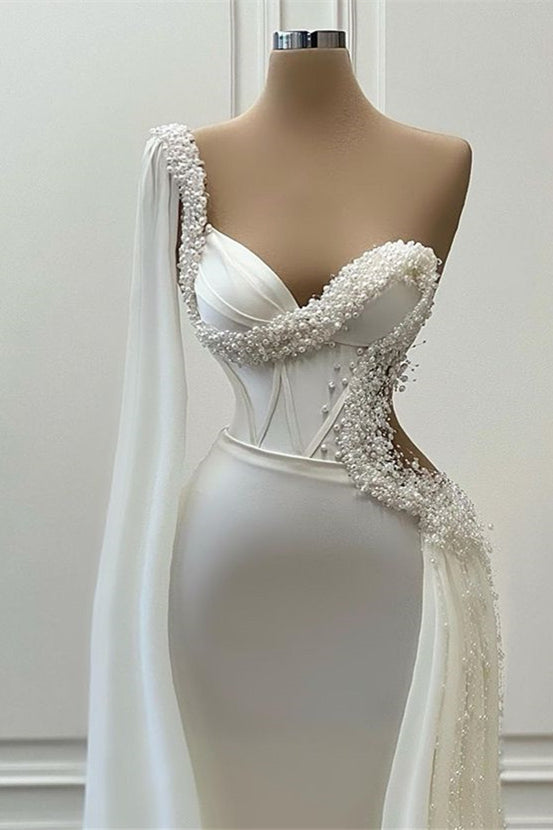 Gorgeous One Shoulder Ruffle Mermaid Wedding Gowns with Sweetheart & Pearls-BallBride