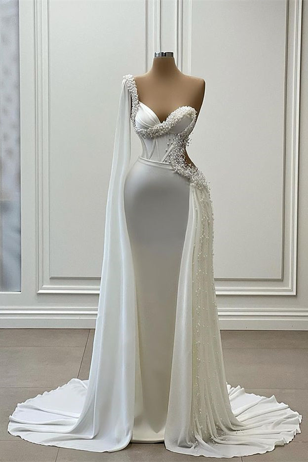 Gorgeous One Shoulder Ruffle Mermaid Wedding Gowns with Sweetheart & Pearls-BallBride