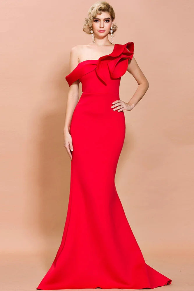 Gorgeous One Shoulder Ruffles Mermaid Evening Prom Dress-BallBride