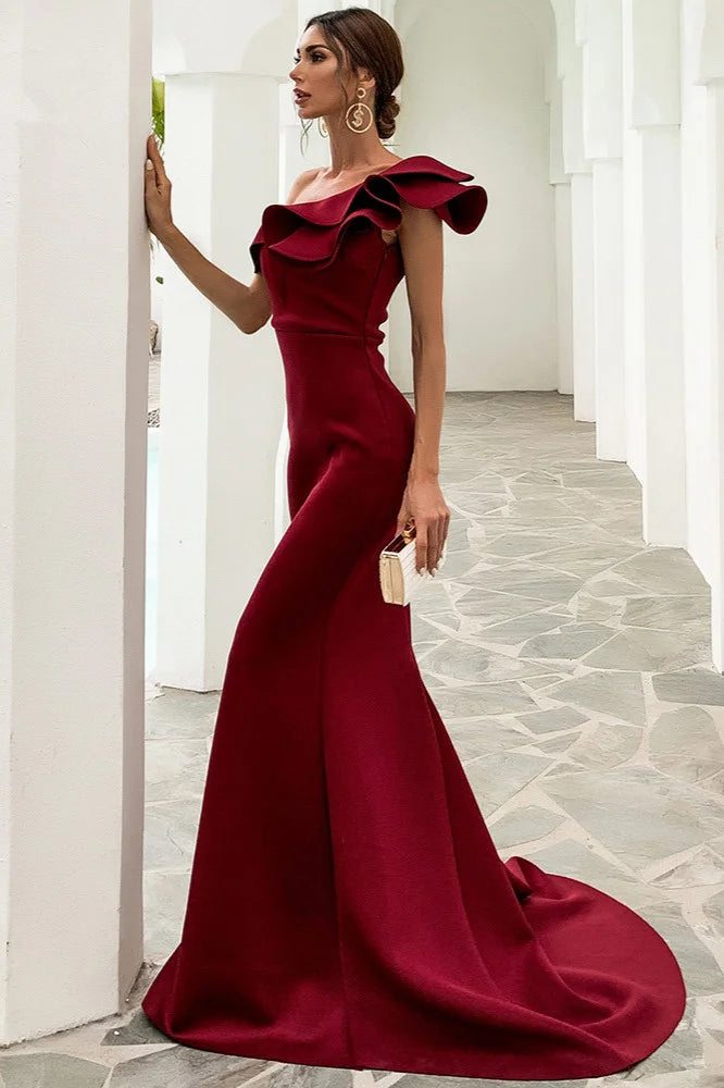 Gorgeous One Shoulder Ruffles Mermaid Evening Prom Dress-BallBride