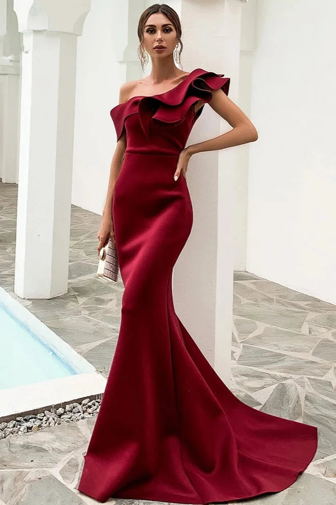 Gorgeous One Shoulder Ruffles Mermaid Evening Prom Dress-BallBride