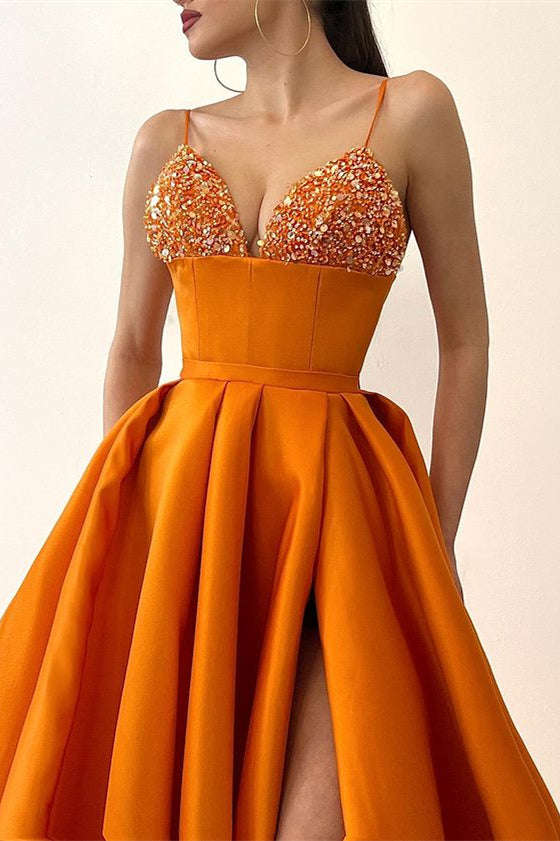 Gorgeous Orange Evening Dress with Sequins and Mermaid Slit-BallBride