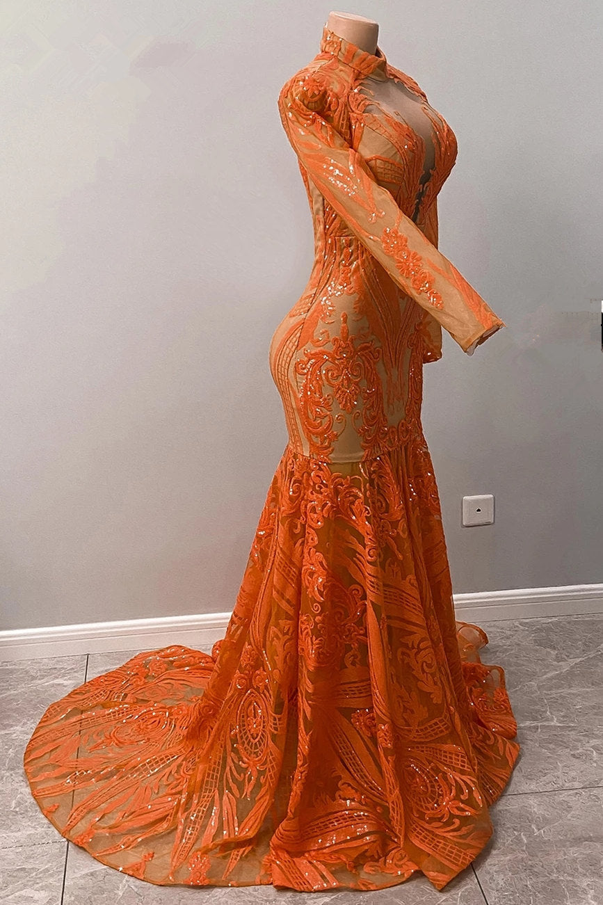Gorgeous Orange Prom Dress with Long Sleeves and Mermaid Sequins-BallBride