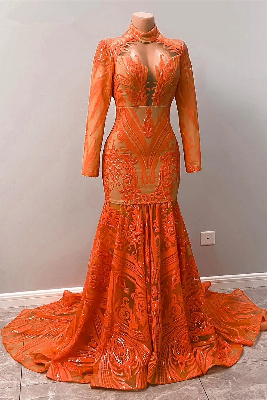 Gorgeous Orange Prom Dress with Long Sleeves and Mermaid Sequins-BallBride