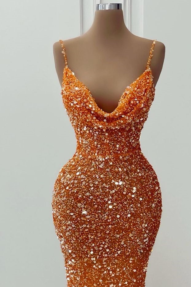 Gorgeous Orange Sequins Mermaid Sleeveless Evening Dress-BallBride