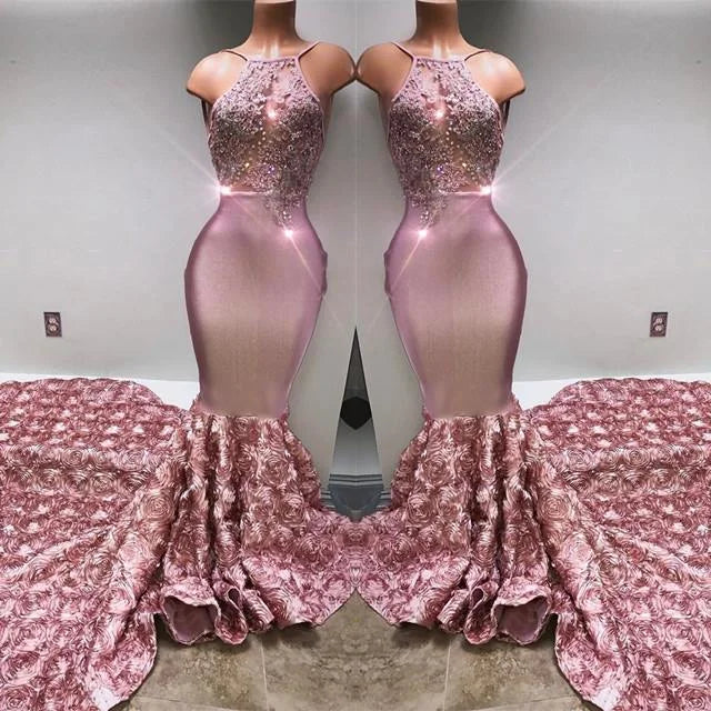 Gorgeous Pink Halter Mermaid Prom Dress Flower Bottom Evening Gown With Appliques-BallBride