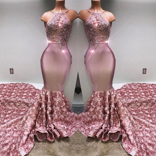 Gorgeous Pink Halter Mermaid Prom Dress with Flower Bottom and Appliques-BallBride
