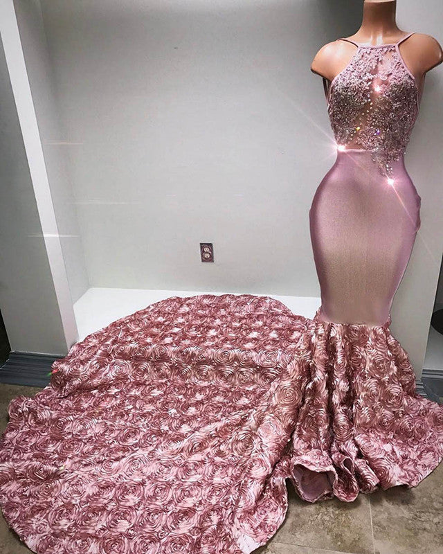 Gorgeous Pink Halter Mermaid Prom Dress with Flower Bottom and Appliques-BallBride