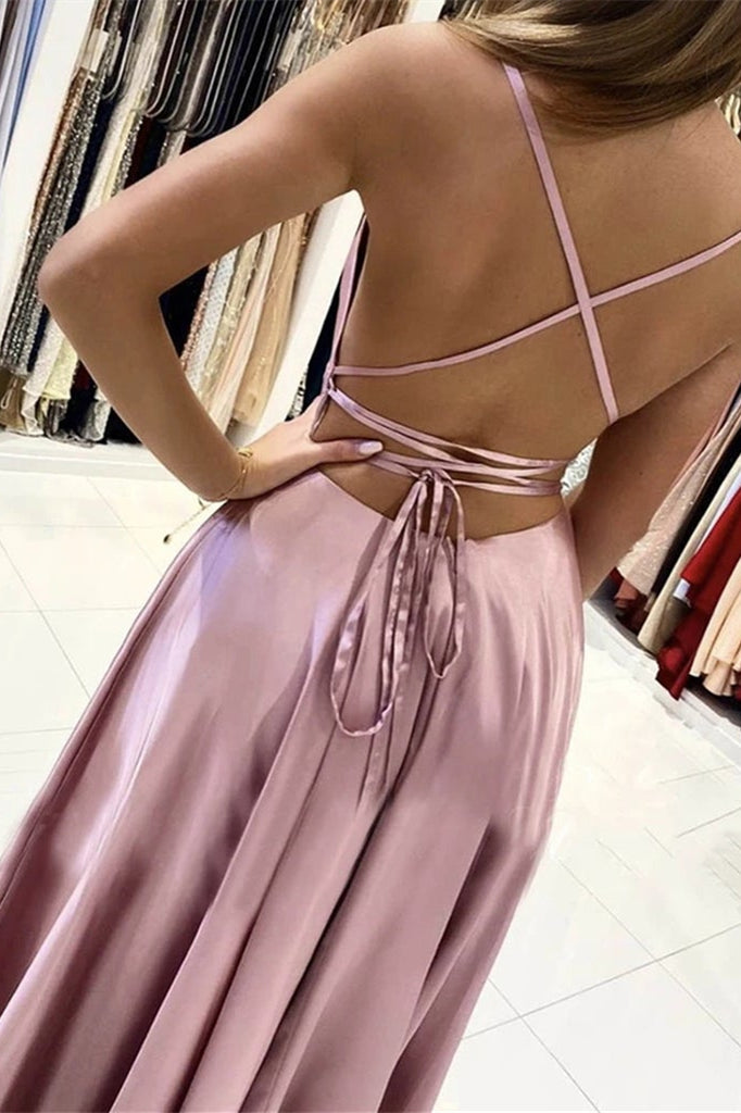 Gorgeous Pink Long Prom Dress with Slit and Spaghetti-Straps-BallBride