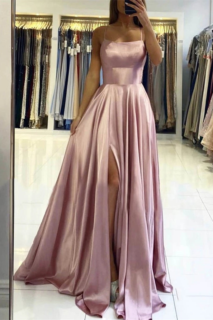 Gorgeous Pink Long Prom Dress with Slit and Spaghetti-Straps-BallBride