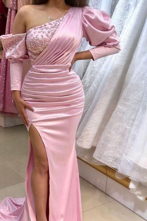 Gorgeous Pink Long Sleeves Prom Dress With Beads Split-BallBride
