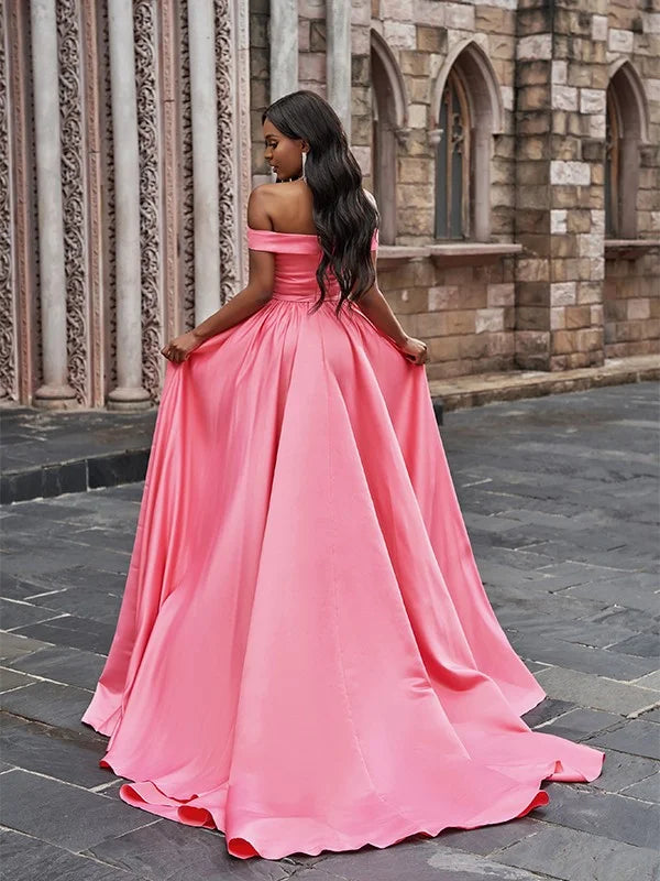 Gorgeous Pink Off-the-Shoulder Long Evening Dress With Split-BallBride