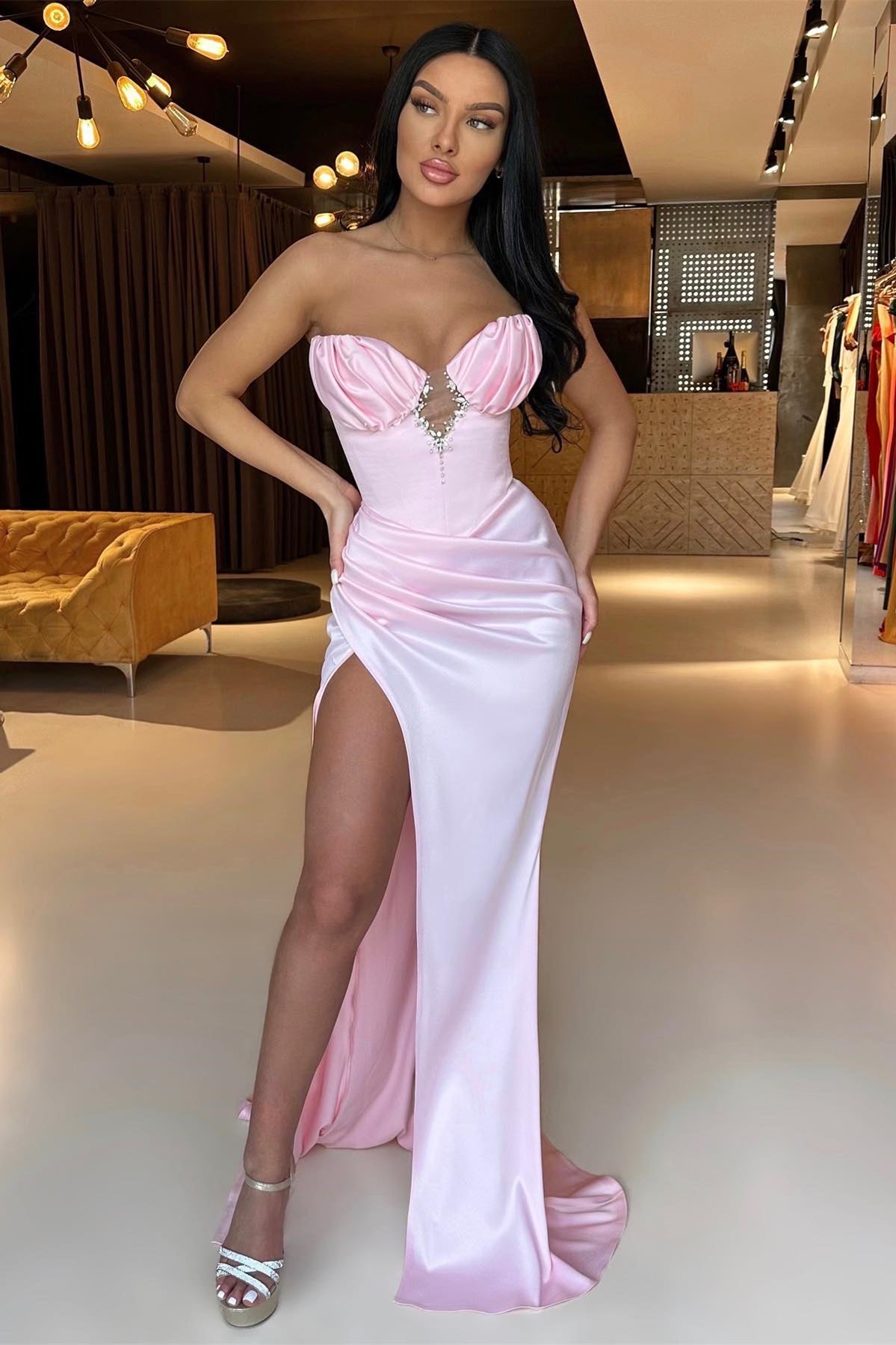 Gorgeous Pink Strapless Mermaid Prom Dress with Pleats and Beaded Split Online-BallBride