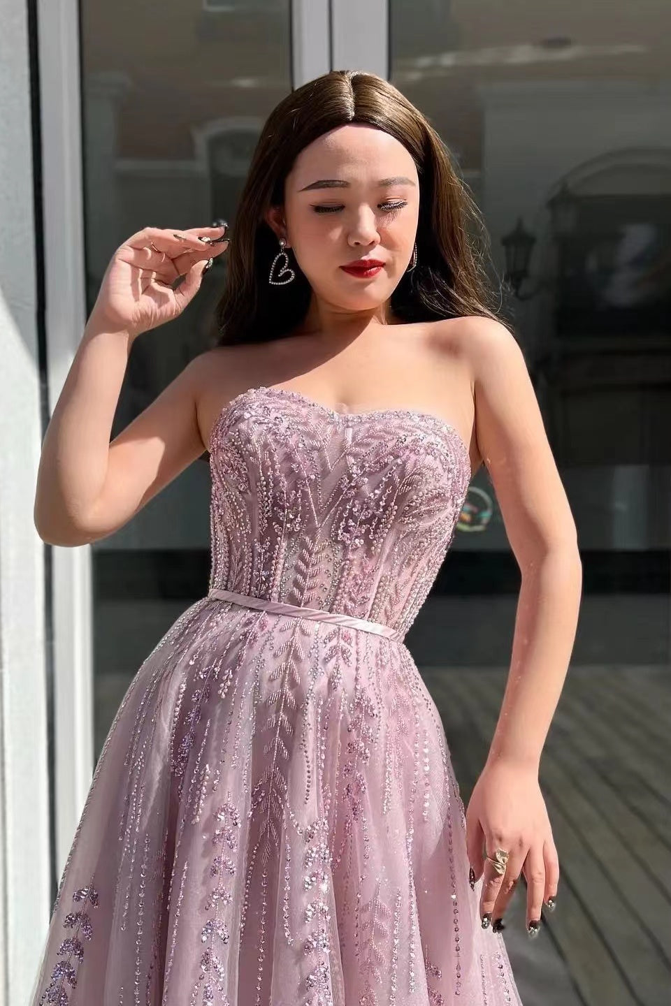 Gorgeous Pink Strapless Sweetheart Long Prom Dress With Beadings & Sequins-BallBride